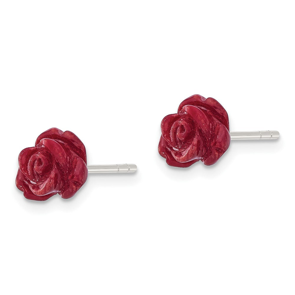 QE17333 Sterling Silver Polished Red Coral Rose Post Earrings