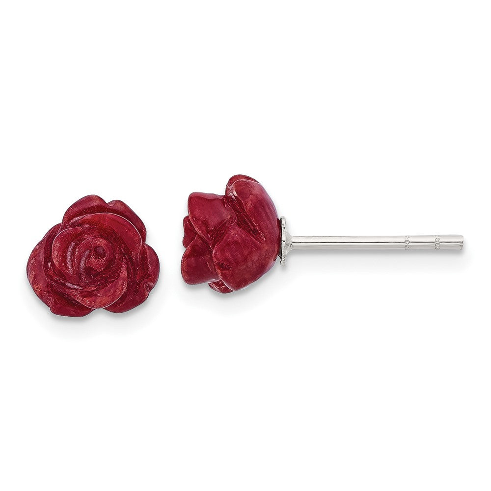 QE17333 Sterling Silver Polished Red Coral Rose Post Earrings