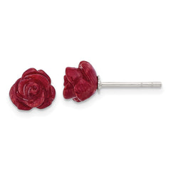 QE17333 Sterling Silver Polished Red Coral Rose Post Earrings