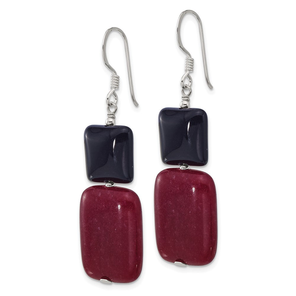 QE17334 Sterling Silver Polished Black Agate and Red Jade Dangle Earrings