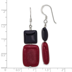 QE17334 Sterling Silver Polished Black Agate and Red Jade Dangle Earrings