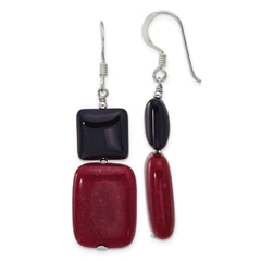 QE17334 Sterling Silver Polished Black Agate and Red Jade Dangle Earrings