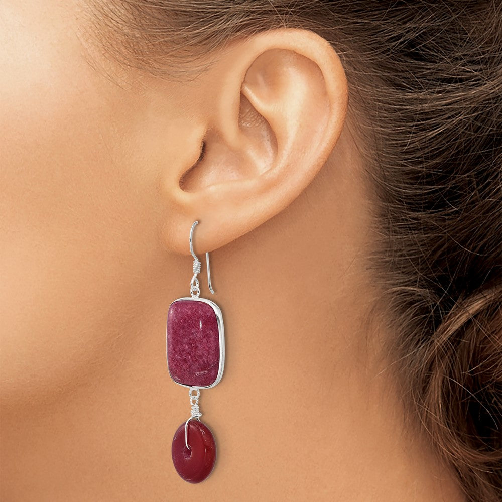 QE17335 Sterling Silver Polished Carnelian and Red Jade Dangle Earrings