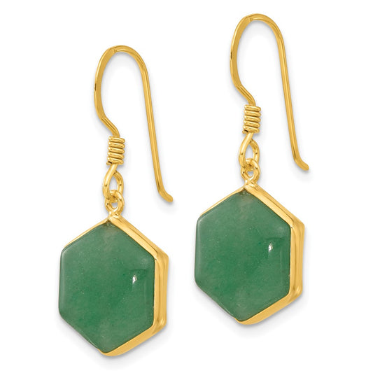 QE17348 Sterling Silver Gold-plated Polished Hexagon Aventurine Dangle Earrings