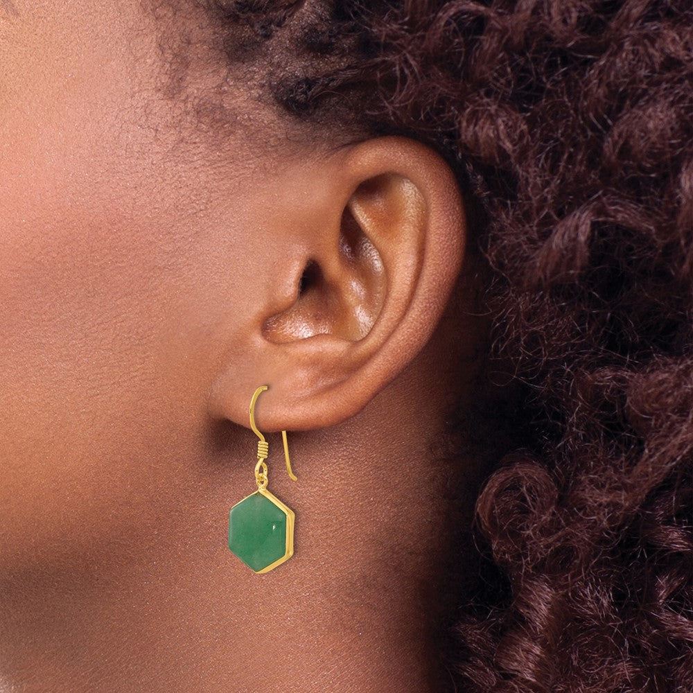 QE17348 Sterling Silver Gold-plated Polished Hexagon Aventurine Dangle Earrings