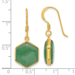 QE17348 Sterling Silver Gold-plated Polished Hexagon Aventurine Dangle Earrings