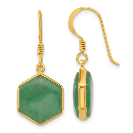 QE17348 Sterling Silver Gold-plated Polished Hexagon Aventurine Dangle Earrings