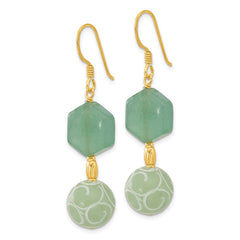 QE17350 Sterling Silver Gold-pltd Hexagon Aventurine & Swirl Jade Dangle Earrings