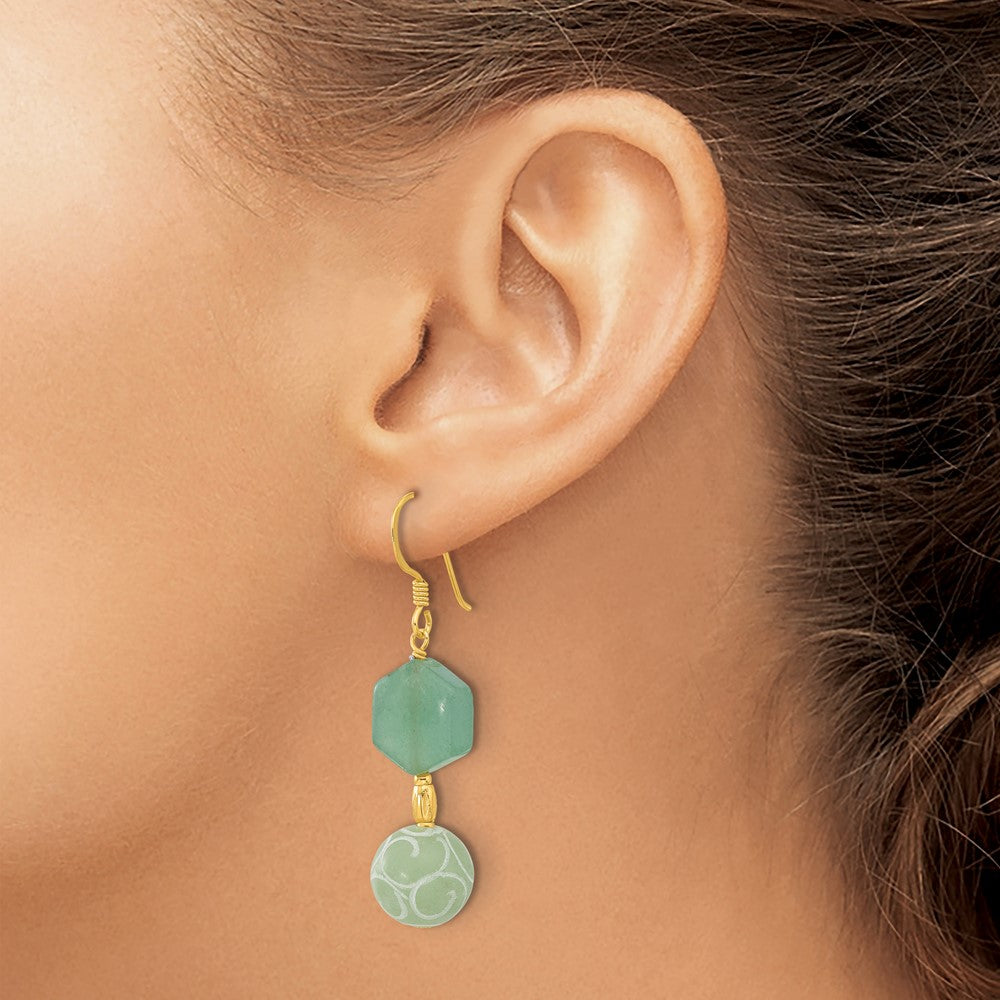 QE17350 Sterling Silver Gold-pltd Hexagon Aventurine & Swirl Jade Dangle Earrings