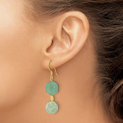 QE17350 Sterling Silver Gold-pltd Hexagon Aventurine & Swirl Jade Dangle Earrings