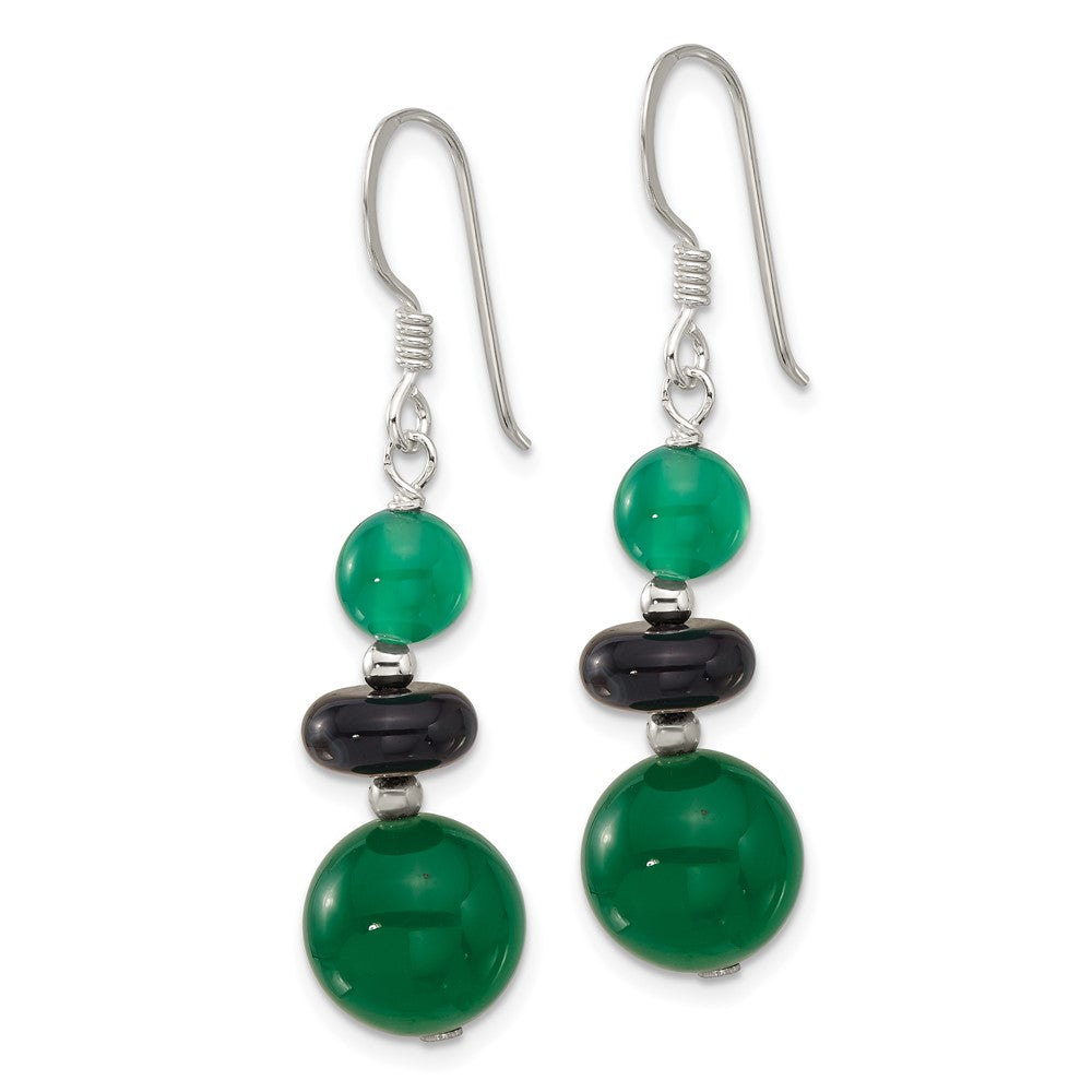 QE17352 Sterling Silver Polished Black Agate & Green Quartz Beads Dangle Earrings