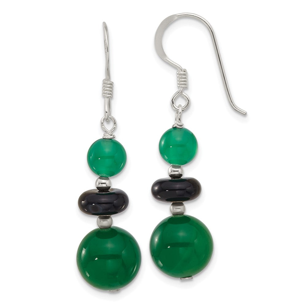 QE17352 Sterling Silver Polished Black Agate & Green Quartz Beads Dangle Earrings