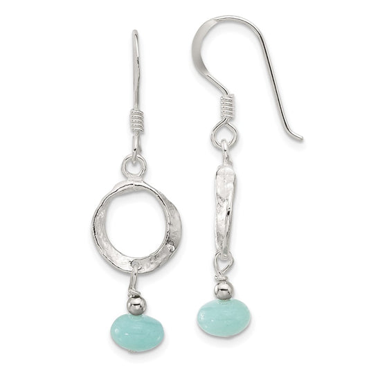 QE17362 Sterling Silver Polished & Textured Circle Amazonite Dangle Earrings