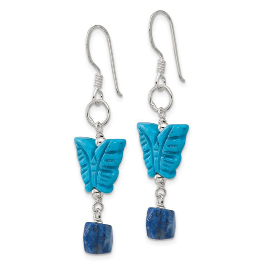 QE17364 Sterling Silver Polished Lapis & Dyed Howlite Butterfly Dangle Earrings