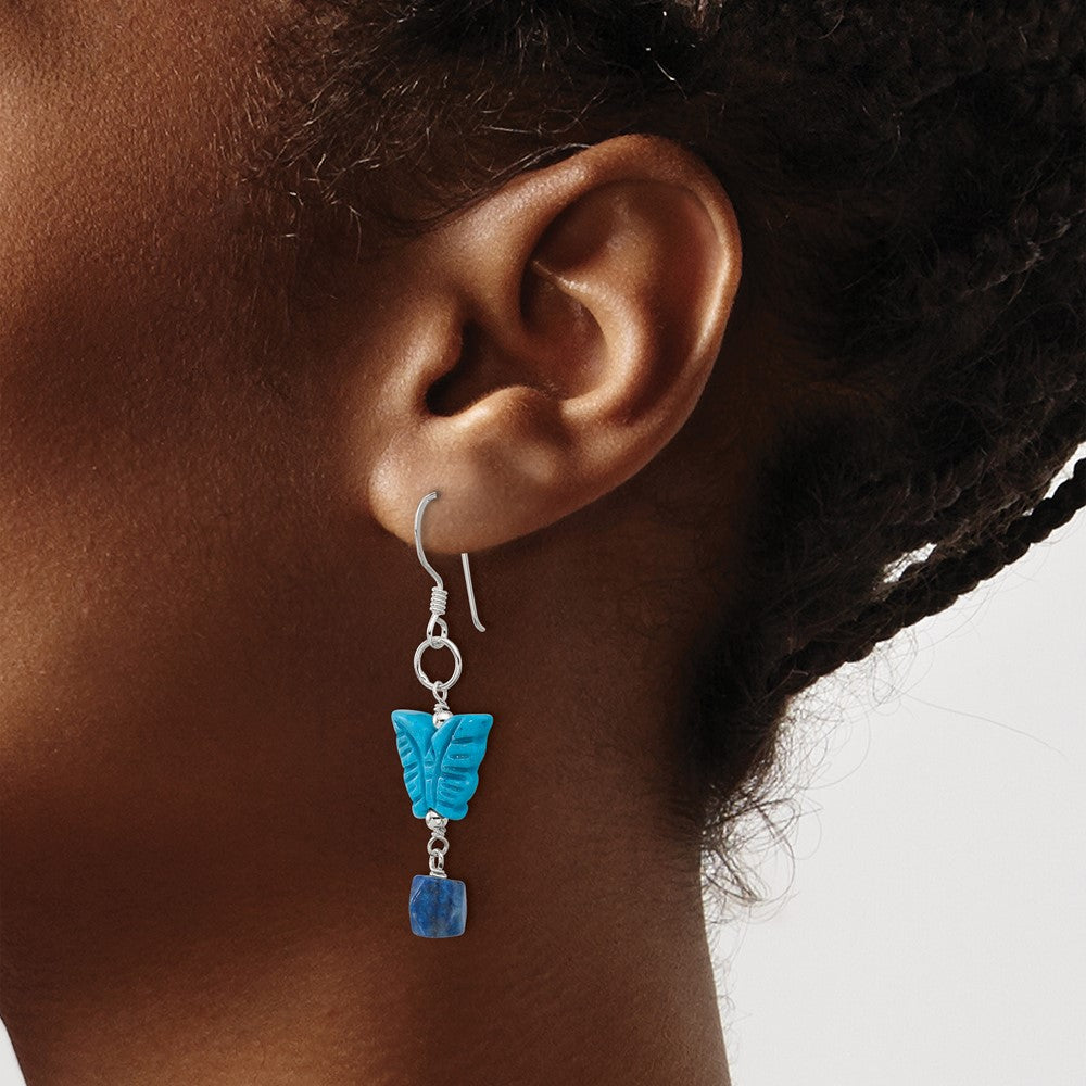QE17364 Sterling Silver Polished Lapis & Dyed Howlite Butterfly Dangle Earrings