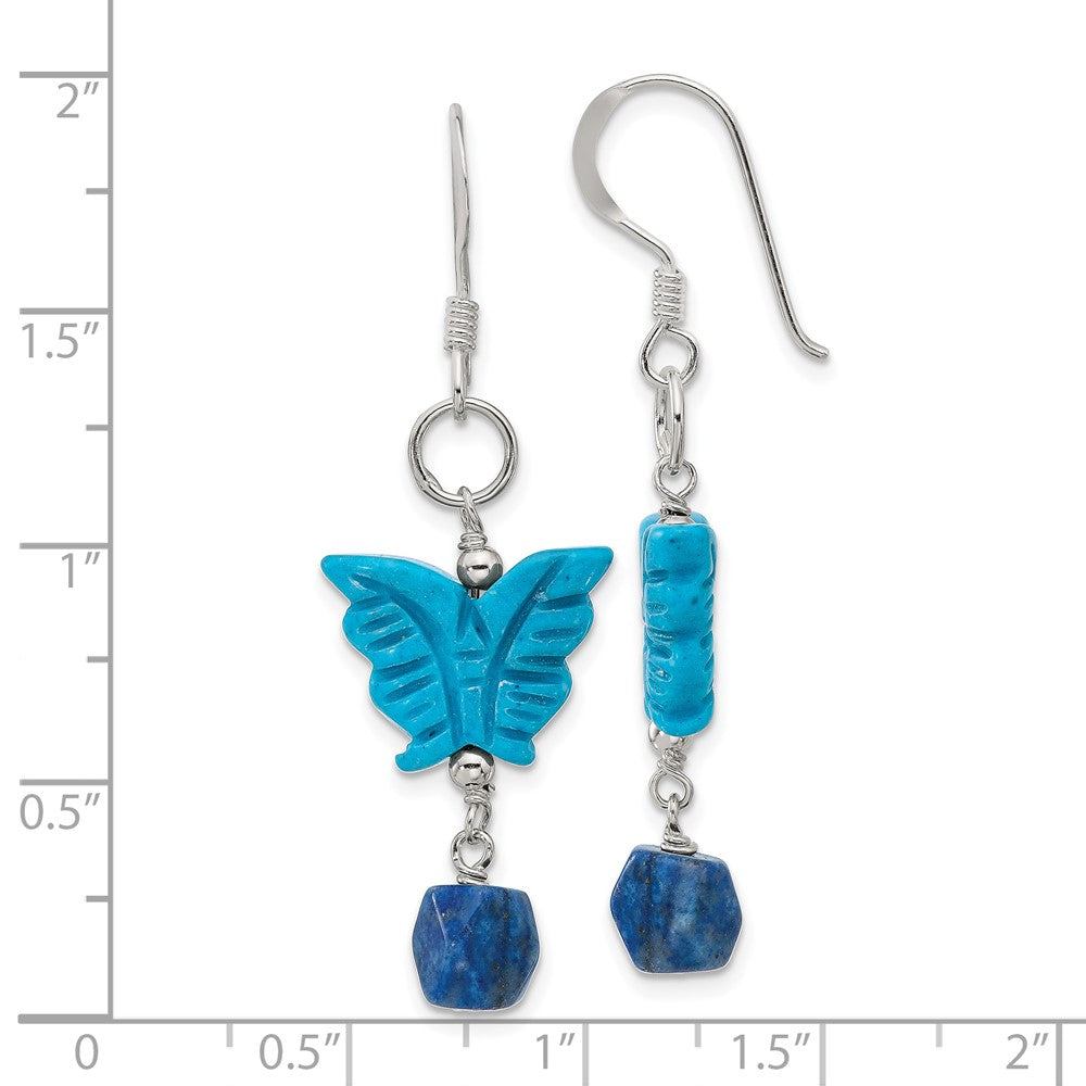 QE17364 Sterling Silver Polished Lapis & Dyed Howlite Butterfly Dangle Earrings