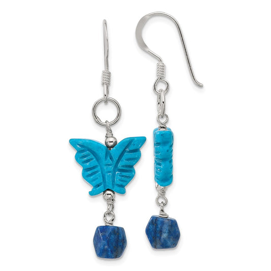 QE17364 Sterling Silver Polished Lapis & Dyed Howlite Butterfly Dangle Earrings