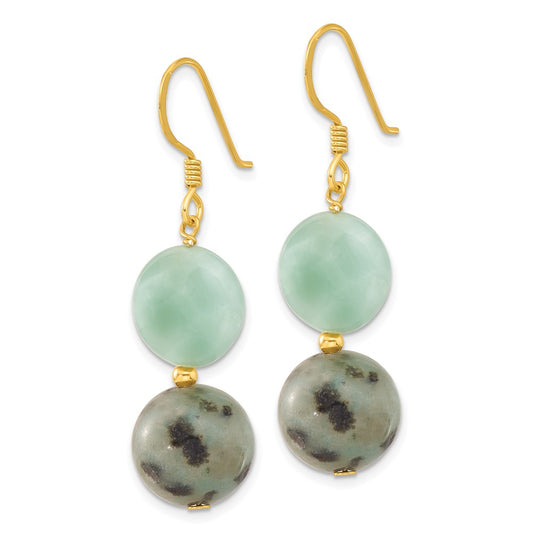 QE17372 Sterling Silver Gold-plated Polished Amazonite/Kiwi Jasper Dangle Earrings