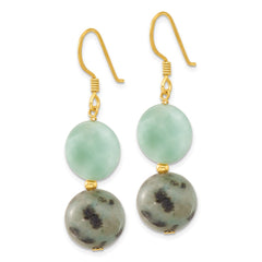 QE17372 Sterling Silver Gold-plated Polished Amazonite/Kiwi Jasper Dangle Earrings