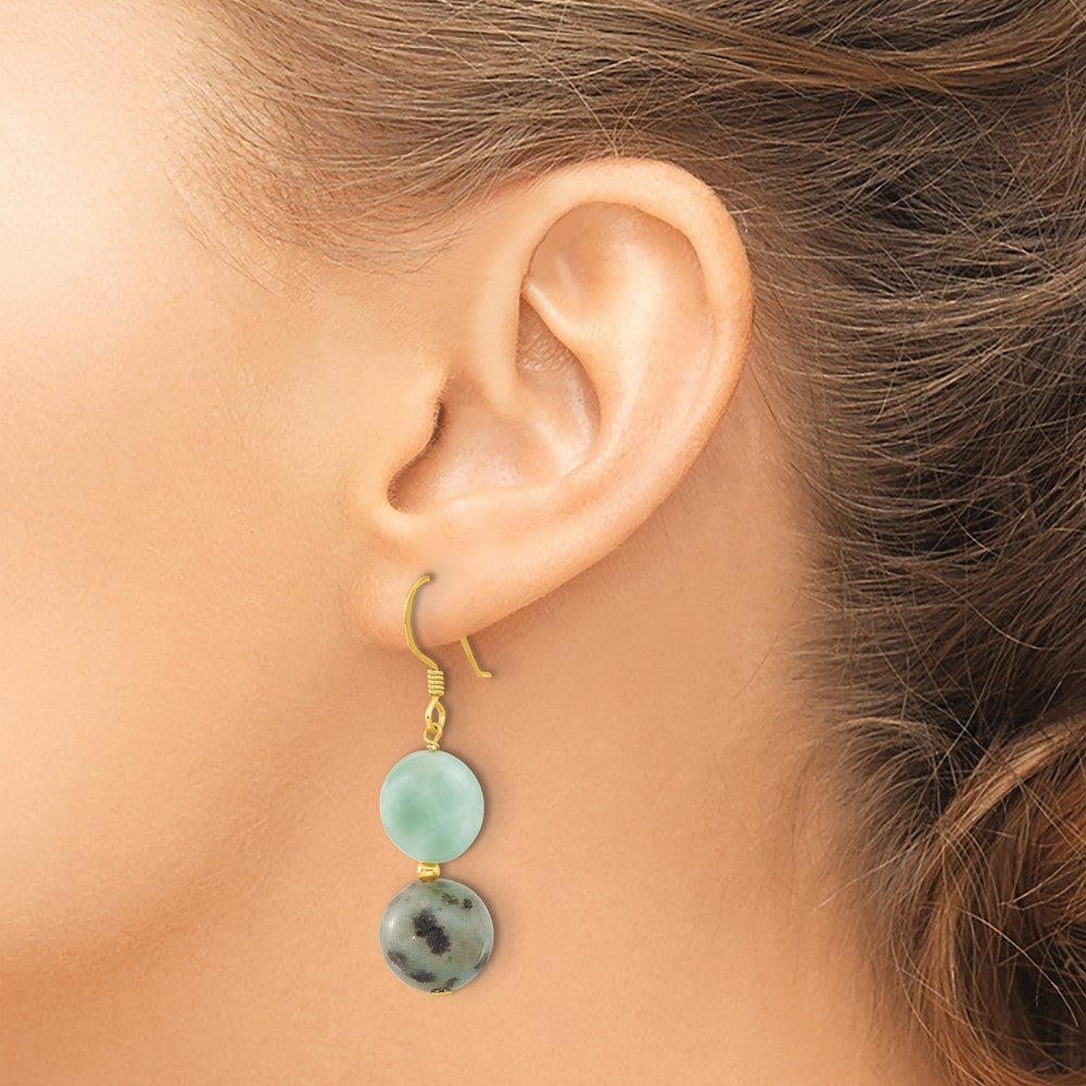 QE17372 Sterling Silver Gold-plated Polished Amazonite/Kiwi Jasper Dangle Earrings