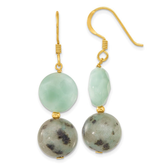 QE17372 Sterling Silver Gold-plated Polished Amazonite/Kiwi Jasper Dangle Earrings