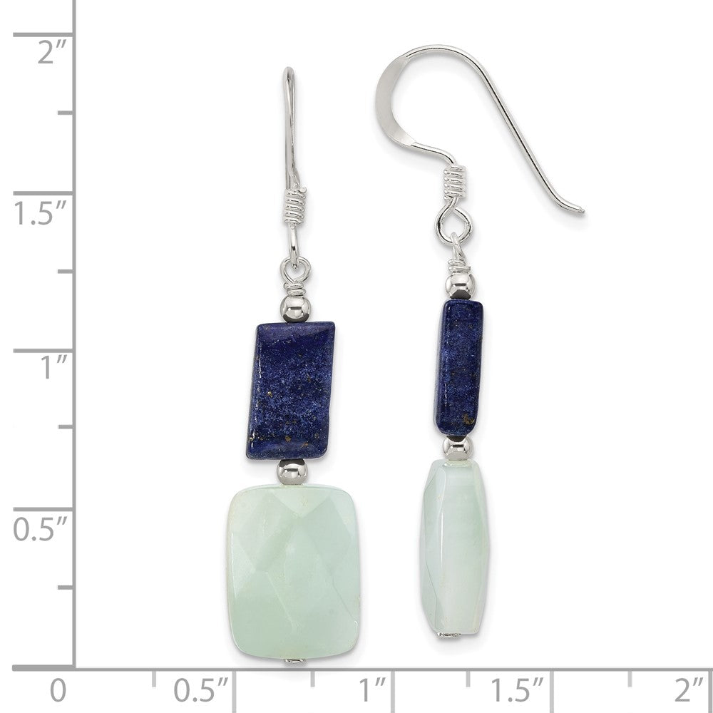 QE17378 Sterling Silver Polished Rectangular Amazonite & Lapis Dangle Earrings