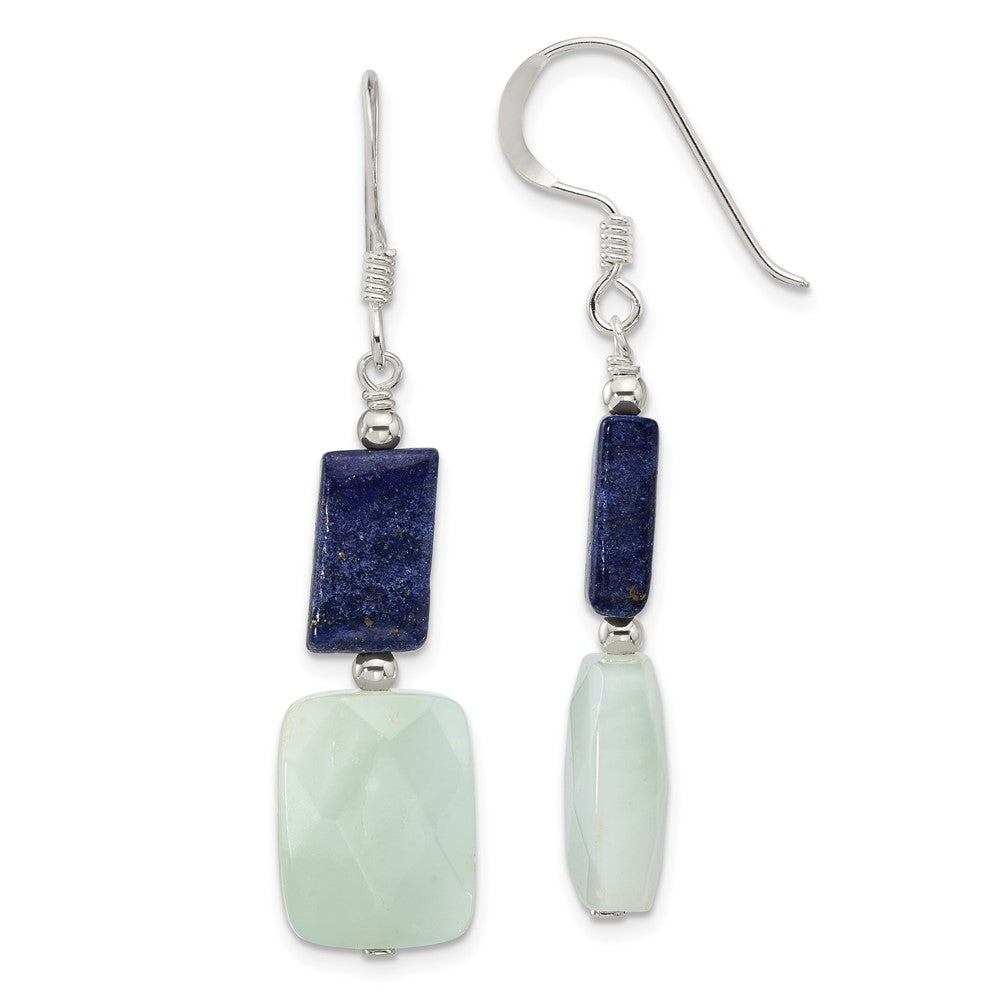 QE17378 Sterling Silver Polished Rectangular Amazonite & Lapis Dangle Earrings