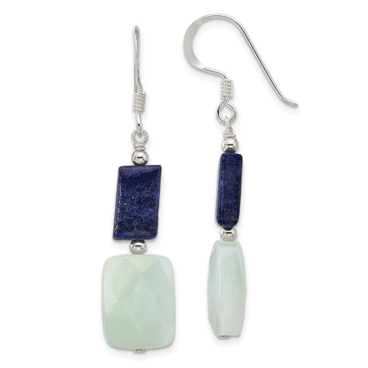 QE17378 Sterling Silver Polished Rectangular Amazonite & Lapis Dangle Earrings