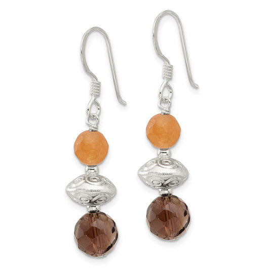 QE17390 Sterling Silver Textured Red Aventurine/Smoky Quartz Dangle Earrings