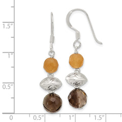 QE17390 Sterling Silver Textured Red Aventurine/Smoky Quartz Dangle Earrings