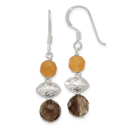 QE17390 Sterling Silver Textured Red Aventurine/Smoky Quartz Dangle Earrings