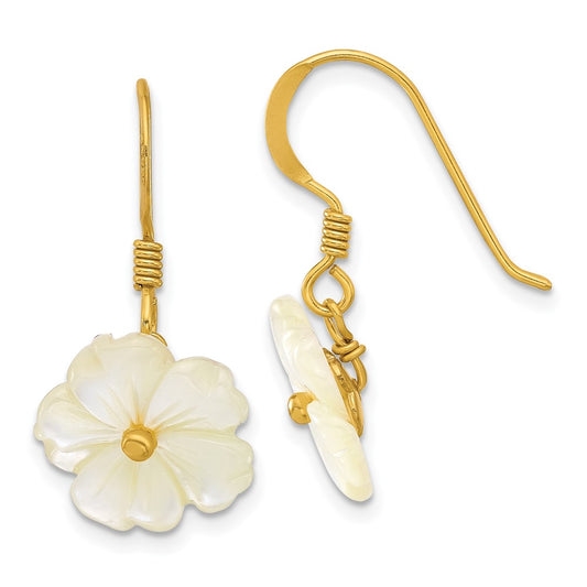 QE17392 Sterling Silver Gold-plated Polished Mother of Pearl Flower Dangle Earrings