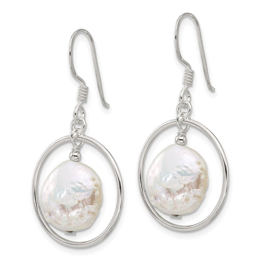 QE17395 Sterling Silver Polished FWC Coin Pearl Circle Dangle Earrings