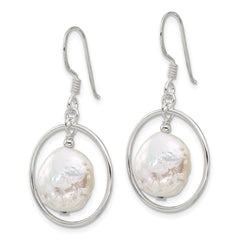 QE17395 Sterling Silver Polished FWC Coin Pearl Circle Dangle Earrings