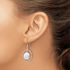 QE17395 Sterling Silver Polished FWC Coin Pearl Circle Dangle Earrings