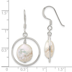 QE17395 Sterling Silver Polished FWC Coin Pearl Circle Dangle Earrings