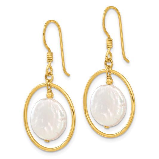 QE17395GP Sterling Silver Gold-plated Polished FWC Coin Pearl Circle Dangle Earrings