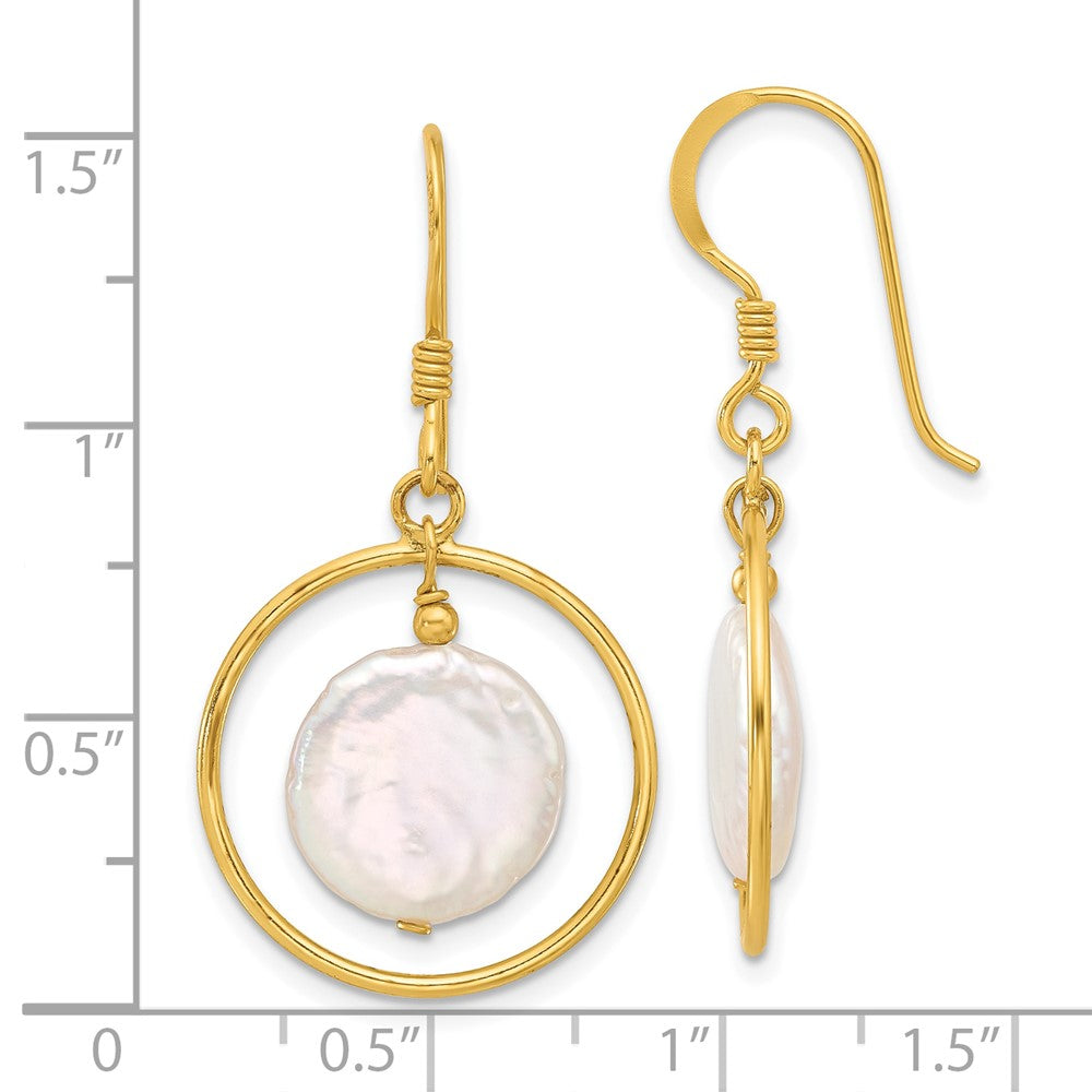 QE17395GP Sterling Silver Gold-plated Polished FWC Coin Pearl Circle Dangle Earrings