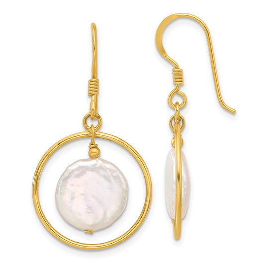 QE17395GP Sterling Silver Gold-plated Polished FWC Coin Pearl Circle Dangle Earrings
