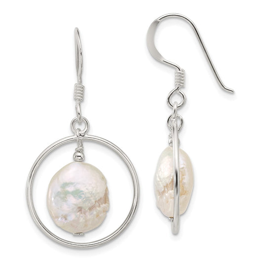 QE17395 Sterling Silver Polished FWC Coin Pearl Circle Dangle Earrings