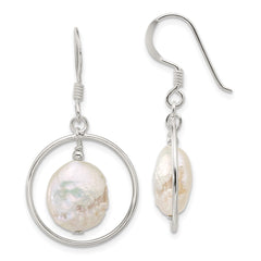 QE17395 Sterling Silver Polished FWC Coin Pearl Circle Dangle Earrings