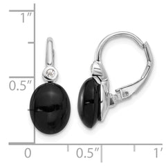 QE17399 Sterling Silver RH-plated Polished Onyx & White Topaz Leverback Earrings