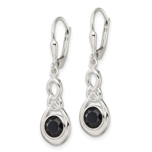 QE17402 Sterling Silver Polished Onyx Knot Leverback Dangle Earrings