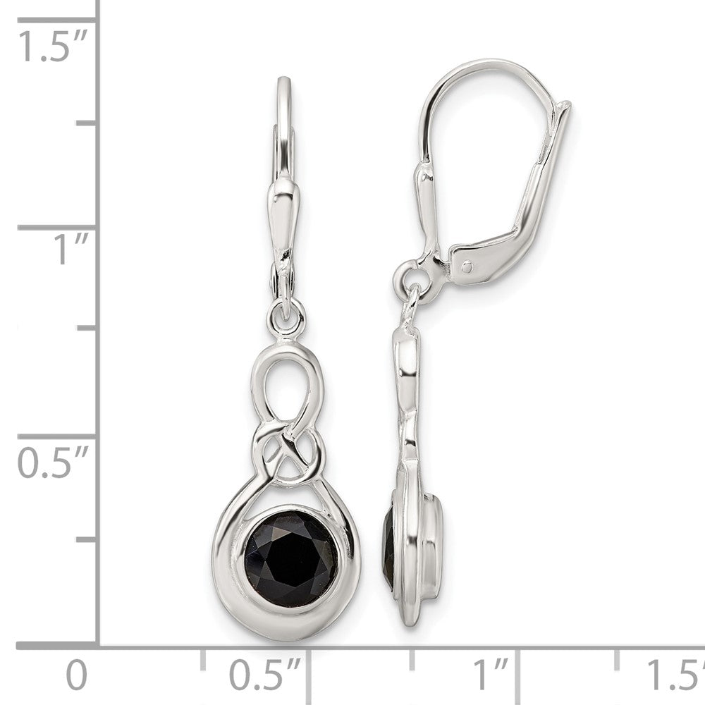 QE17402 Sterling Silver Polished Onyx Knot Leverback Dangle Earrings