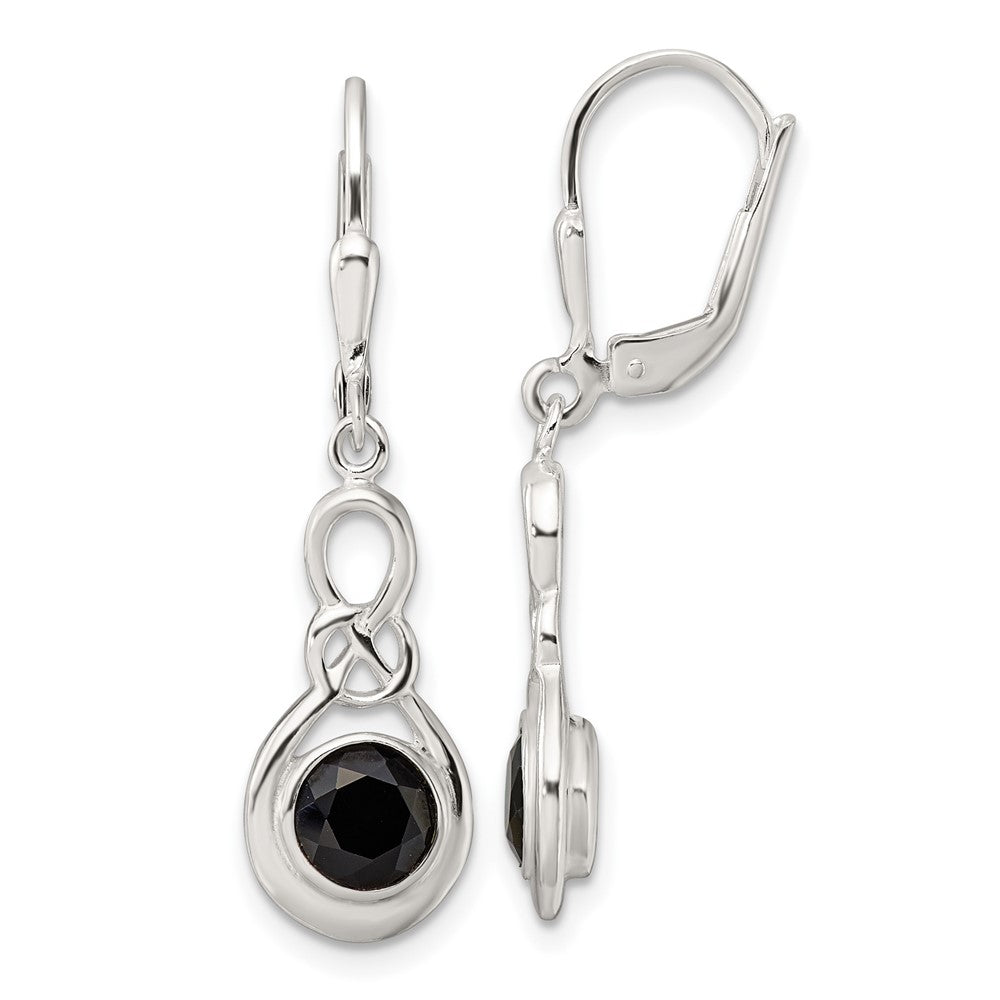 QE17402 Sterling Silver Polished Onyx Knot Leverback Dangle Earrings