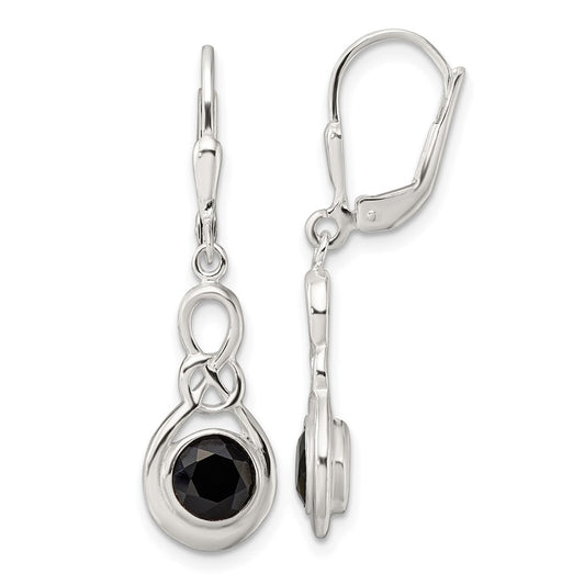QE17402 Sterling Silver Polished Onyx Knot Leverback Dangle Earrings