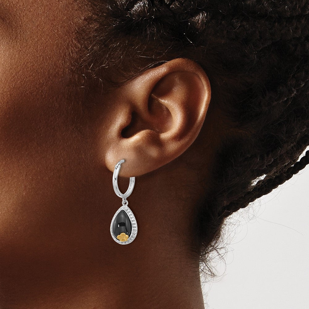 QE17403 Sterling Silver Rhodium-plated w/ 14k accent Flower & Black Onyx Beaded Teardrop Round Dangle Hoop Earrings