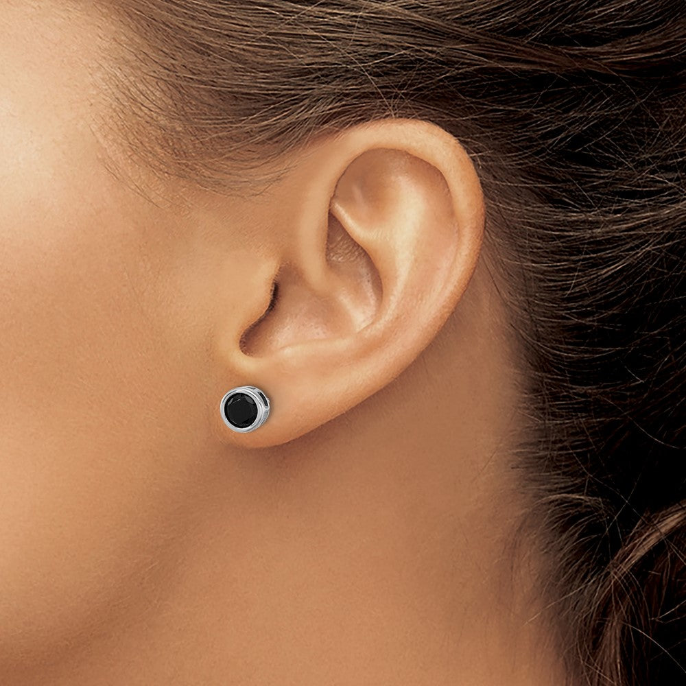 QE17405 Sterling Silver Rhodium-plated Polished Black Spinel Bezel Stud Earrings