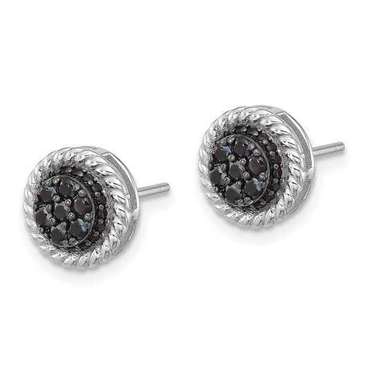 QE17406 Sterling Silver RH-plated Polished/Twisted Black Spinel Circle Post Earring