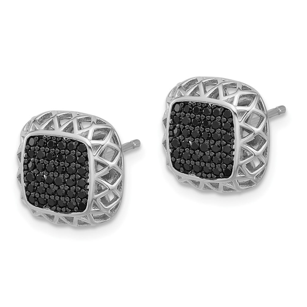 QE17407 Sterling Silver Rhodium-plated Polished Black Spinel Square Post Earrings